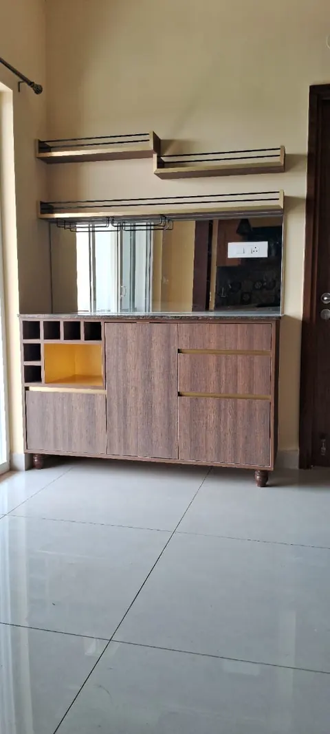 Wood-finish bar and crockery unit with bottle racks and drawers